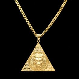 Triangle Egyptian Pyramid With Lion Head Pendants Titanium Steel Gold Colour Bling Charm Women Men Lucky Hip Hop Chain176H