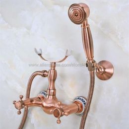 Bathroom Shower Sets Antique Red Copper Wall Mounted Faucet Bath Mixer Tap With Hand Head Kna343Bathroom2890
