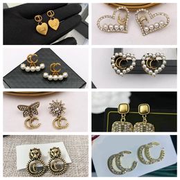 Classic 18K Gold Plated Luxury Brand Designers Letters Stud Clip Chain Geometric Famous Women Heart Crystal Rhinestone Pearl Earring Wedding Party Jewerlry