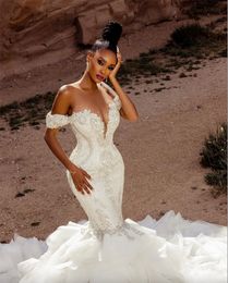 2023 Designer Mermaid Wedding Dresses Bridal Gown Off the Shoulder Straps Crystals Beaded Satin Beach Ruffles Custom Made Vestidos De Novia Plus Size