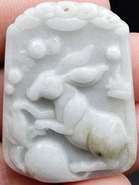 Certified Natural Type Jade Jadeite Carved Rabbit Raphanus Sativus Lucky Pendant