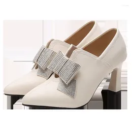 Dress Shoes Thick Heels Spring/Summer Small Leather Rhinestone Bow Knot Pointed High Shallow Mouth Single Shoe Female