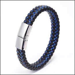 Charm Bracelets Braided Leather Bracelet Black Stainless Clasps Men Wrist Handmade Drop Delivery Jewellery Dhg6Y