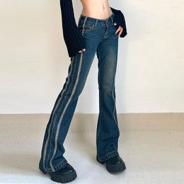 Women's Jeans Striped Slim Low Waist Vintage Distressed Bootcut Trousers Looking