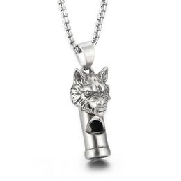 Gothic Wolf Head Whistle Necklace Pendant Casting Stainless Steel Rolo Chain Jewellery For Mens Boys Cool Gifts Silver Polished Blin234q