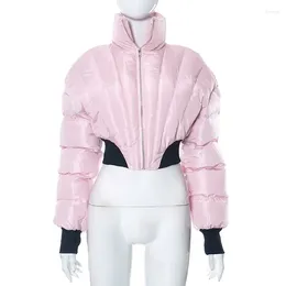 Women's Jackets 2023 Winter Cropped Puffer Jacket Women Parka Pink Patchwork Long Sleeve Zip-Up Warm Short Down Coat Female Bubble Quilted