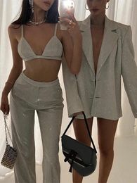 Women's Two Piece Pants 2023 Spring Fashion And Sexy Straps Shiny Bra Slim Fit Commuter Style Suit Set For Women