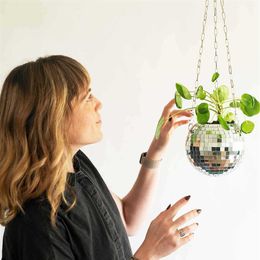 Disco Ball Planter Globe Shape Hanging Vase Flower Planter Pots Rope Hanging Wall Homw Decor vase Container room decoration 210615300P