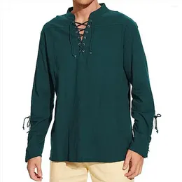 Men's Casual Shirts Men Retro Stand Collar V-Neck Lace-up Shirt Tops Long Sleeve Bandage Cuffs Solid Colour Loose Fit Punk Style Pullover