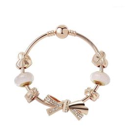 Fashion Original Pandoras 925 Silver Rose Gold Glass Brilliant Bow Bracelets Bangles Set DIY Jewelry Charm Beads Holiday Gift Bang329E