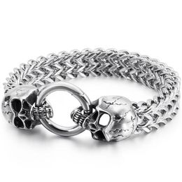 Link Chain Gothic Double Skull Man Bracelet In Stainless Steel Mens Charm Bracelets Steampunk Skeleton Jewellery Guests GiftsLink262R