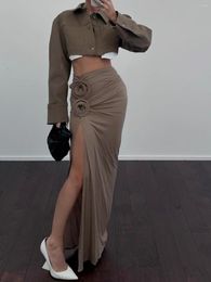 Skirts American Style Sexy Stylish Ruched Flower Split Skirt Women's Autumn Brown High Waist Slim Looking Temperament Hip