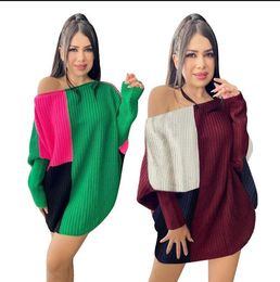 Spring winter new Women's Loose Round Neck Casual Knitted Dress Sweaters contrast fashion girls trendy sweater