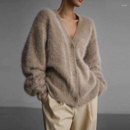 Women's Knits Fluffy Mohair Cardigan For Women V-Neck Button Up Oversize Sweater Autumn Winter Warm Knitted Outerwear