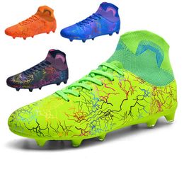 Lightning Lines Women Men Soccer Shoes Long Nail AG Football Boots Youth Children's High Top Training Shoes Blue Black Green Orange Colours