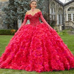 Red Shiny Princess Ball Gown Quinceanera Dress Off the Shoulder Long Sleeve Beaded Lace Tull Tiered Party Gowns Vestidos De 15 Anos