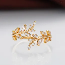 Cluster Rings Exquisite Leaf Design Adjustable Opening For Women Fashion Gold Colour Wedding Band Cubic Zirconia Ring Engagement Jewellery
