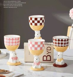 Ceramic wine cup cartoon style high legged cup hand drawn water cups cute and creative ceramic cup highaesthetic value ice cream cake cups LT693