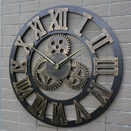 Retro Industrial Gear Wall Clock Decorative Hanging Clock Roman Numeral Wall Decor Quartz Clocks Home Decor1725