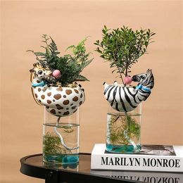 Resin Animal Head Vase with Fish Tank Bubble Natural Cactus Succulent Plants Flower Pots Decoration Zebra Giraffe Creative Craft 2264q