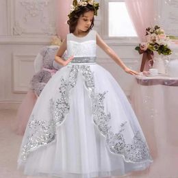 Girl's Dresses Flower Girl Dresses for Wedding Sequin Elegant Bridesmaid White Dress Children Birthday Party Evening Long Gown Kids Prom Dress T240524