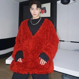 Men's Jackets SYUHGFA Clothing 2023 Autumn Winter Korean Streetwear Velvet V-neck Loose Coat Pollovers For Male