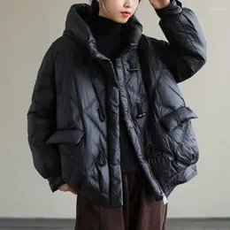 Women's Down Fashion Winter Hooded Short Parka Coat Korean Style Stand-up Collar Warm Loose And Jacket 2023 LK0112