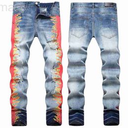 Men's Jeans designer 2023 Summer New Men's Jeans Trendy Perforated Printed Pants Personalised Slim Fit Small Feet Mid Rise Mens Pants A84R