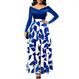 Casual Dresses Women Off Shoulder Dress Leaf Print Velvet V-neck Long Sleeve Party