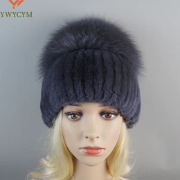 Beanie/Skull Caps Russia Lady Winter Real Fur Hat Women Warm Knitted Genuine Rex Rabbit Fur Hat Top Natural Fox Fur Bomber Caps Rex Rabbit Fur Cap 231204