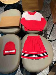 Brand designer kids tracksuits red Knitted Girls Dress suits Size 100-160 high quality baby sweater Pleated skirt hat Oct25