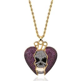 14K Iced Out Skull Skeleton Purple Heart Juice Wrld Pendant Necklace Micro Pave Cubic Zircon Hiphop Fashion Jewelry2446