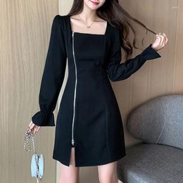 Casual Dresses 2023 Spring And Autumn French Square Neck Hepburn Fashion Simple Fit Slim Zipper Solid Long Sleeve A-line Wrap Hip Dress