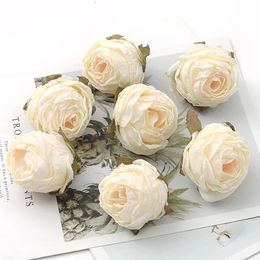 Decorative Flowers Wreaths 50PCS/4cm Vintage bud White Rose Artificial Silk Flower Heads Wedding Decoration DIY Wreath Scrapbooking Craft Fake Flowers 231205