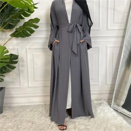 Ethnic Clothing Plain Open Abaya Kimono Turkey Elastic Cuff Belted Abayas For Women Dubai Muslim Hijab Dress Islam Modest Outfits Kaftan