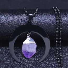 Pendant Necklaces Witchcraft Divination Moon Purple Natural Crystal Stainless Steel Necklace Women Black Colour Jewellery Bijuteria N342a