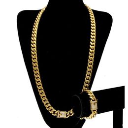 Stainless Steel Bracelets Necklace 24K Solid Gold Electroplate Casting Clasp W Diamond Cuban Link Necklace & Bracelet For Men Curb309V