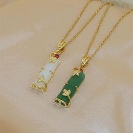 Green jade knot titanium steel necklace female fashion wealthy bamboo clavicle chain simple ethnic style jewelry232D