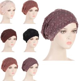 Women Summer Lace Diamonds Turban Slouchy Beanie Hat Bonnet Breathable Muslim Head Wrap Caps Musulman Inner Hijabs Turbante Hat