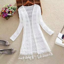 Women's Jackets Lace Shirt Hollow Fringed Long-sleeved Top Mid-length Cardigan Jacket Casual Veste Femme All Season