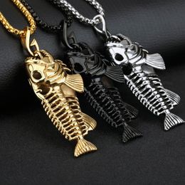 Heavy fish Skeleton Biker Pendant Silver Gold Black Stainless Steel Necklace New with Rolo Chain 4mm 24 219S