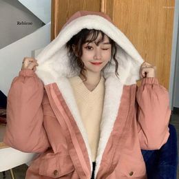 Women's Trench Coats Women Thicken Short Parkas Korean Fashion Loose Fuzzy Collar Quilted Parka Female Kawaii Fur Spliced Jacket Coat Winter