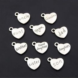 100pcs Antique Silver Mom Dad Son Heart Charms Family Member Pendants Bracelet Necklace Festival Jewelry Making Accessories DIY 17204u