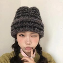 Berets Japanese Women Striped Flower Clip Double-layer Thermal Ear Protection Wool Thick Knitted Hat Pullover Soft Winter Beanie