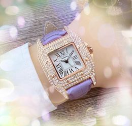 Small Full Diamonds Ring Women's Watch Business Leisure Waterproof Quartz Movement Clock Military Leather Strap Square Roman Tank Dial Chain Bracelet Watches Gifts