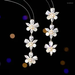 Dangle Earrings Fashion Cubic Zirconia Flower Pearl Banquet Dress Bridal Wedding Jewely Accessories LYA192