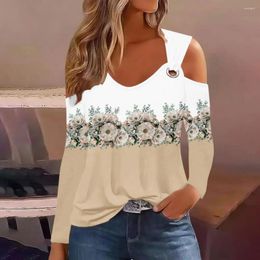 Women's Blouses Women Polyester Top Flower Print Off-shoulder Blouse Soft Breathable V Neck Mid Length For Fall Spring Hollow Out