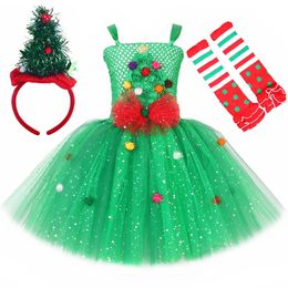 Girl's Dresses Sparkly Green Christmas Tree Dress for Girls Xmas Party Tulle Tutu Dresses Outfit Children Christmas Elf Costume Kids Clothes 231204