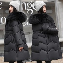 Women's Trench Coats Slim Fitting Waist Down Cotton Jacket For Mid Length 2023 Winter Thick Hooded Large Wool Collar