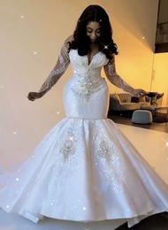 2024 New Luxury Mermaid Wedding Dress V-Neck Long Sleeves Heavy Handwork Beads Crystal Beads Sequins Bride Formal Gowns African Arabic Vestidos De Novia